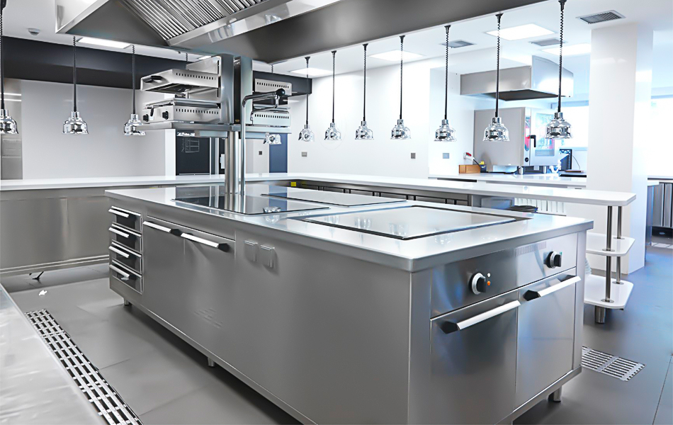 Cocina industrial moderna con equipamiento de acero